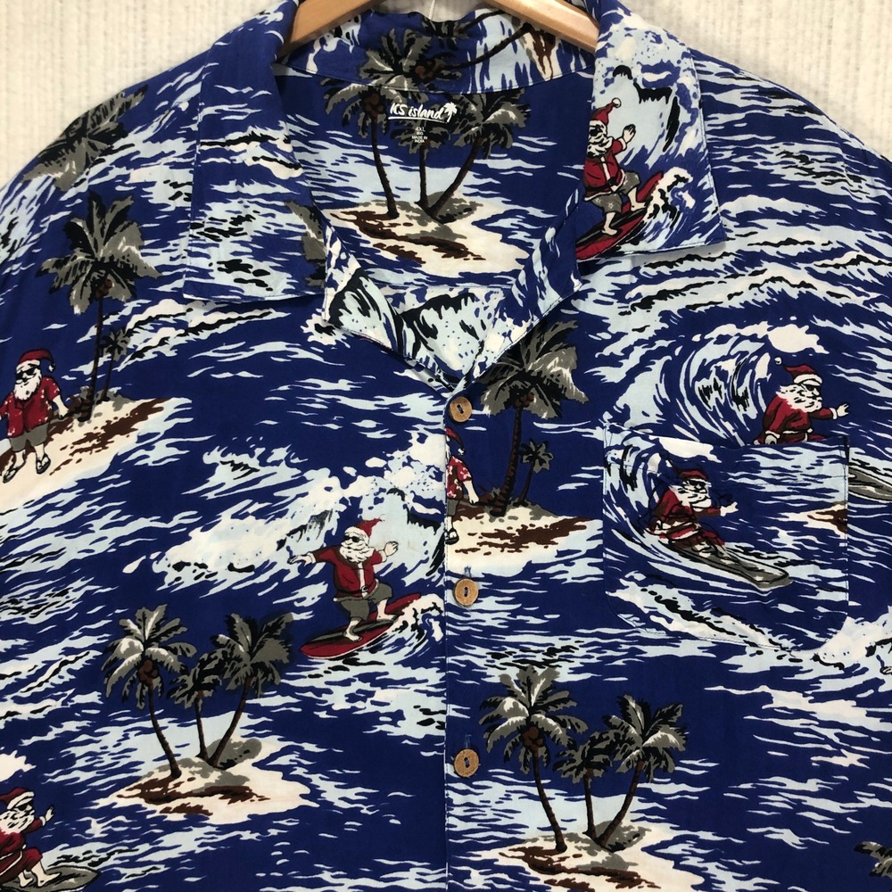 KS Island Mens 4XL Big Surfing Santa Christmas Hawaiian‎ Shirt Blue Rayon 04023